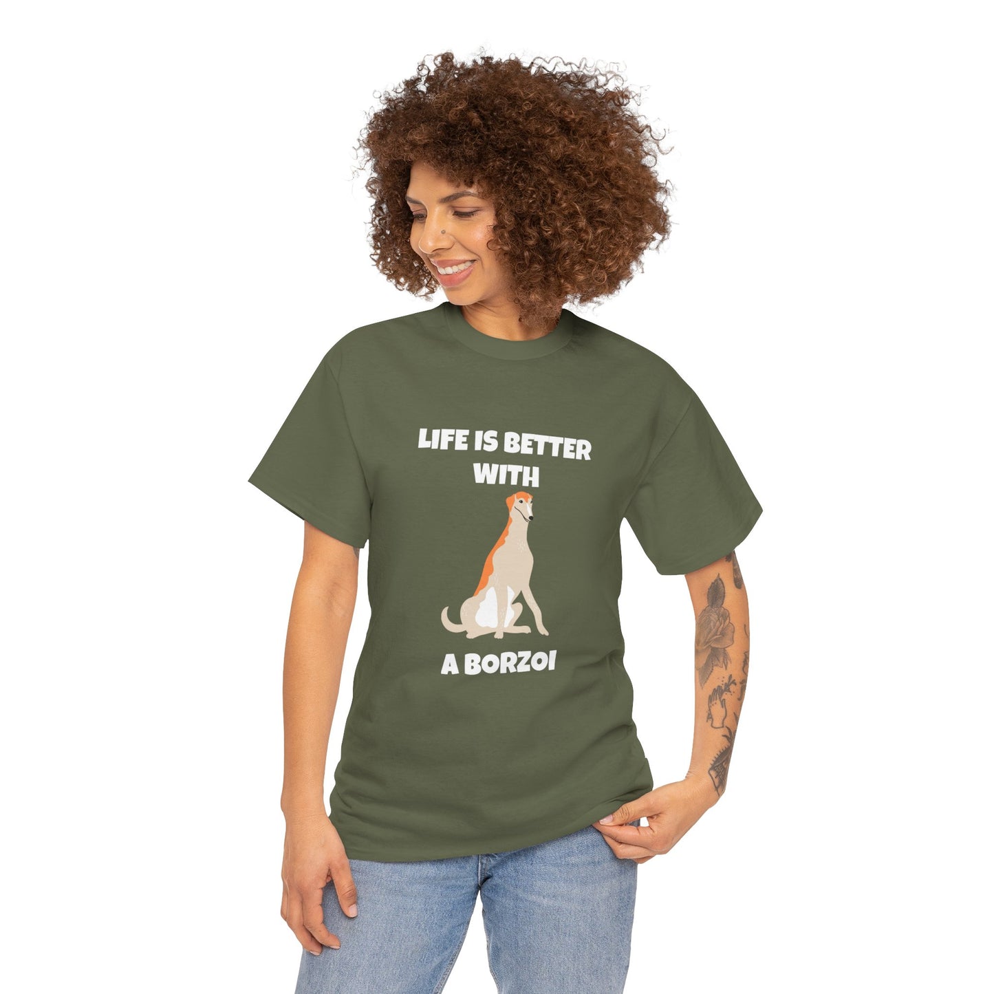 Borzoi, Borzoi Dog, Life is Better with a Borzoi, Dark Unisex Heavy Cotton Tee