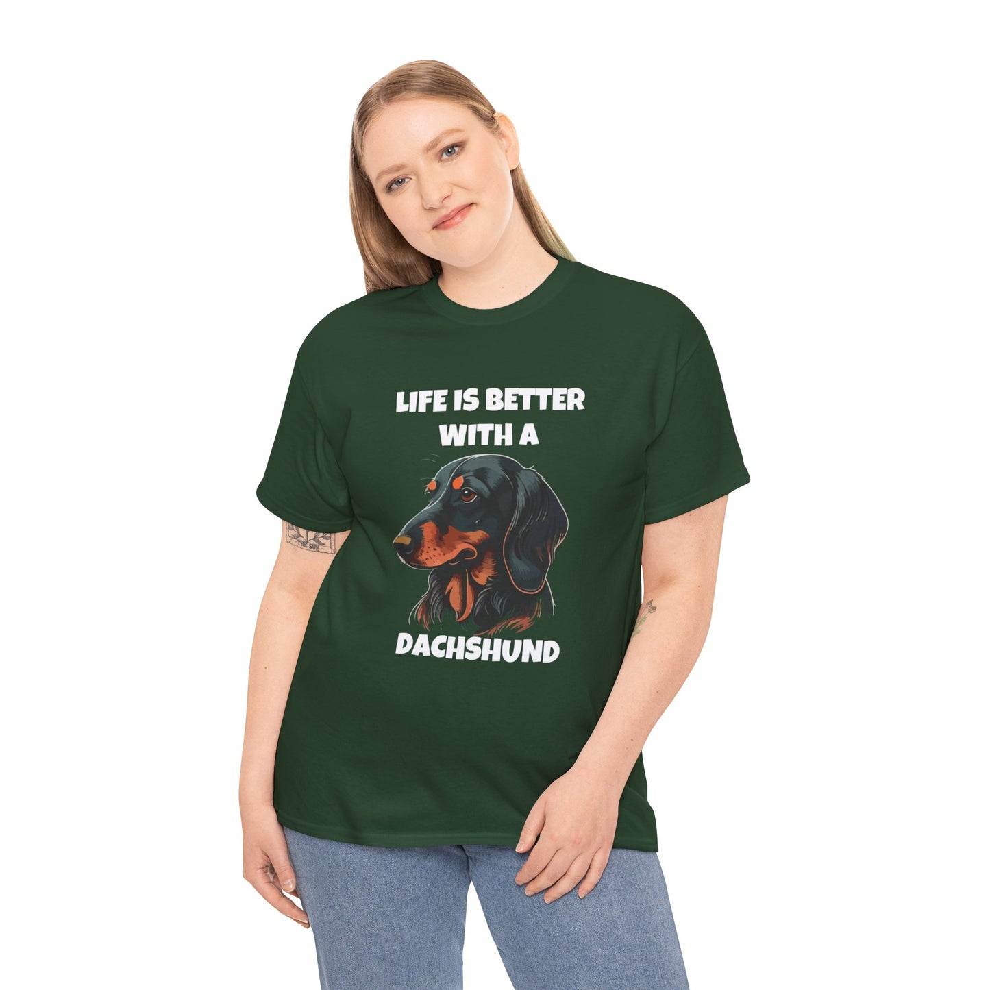 Dachshund Dog, Black Dachshund, Life is Better with a Dachshund, Dark Unisex Heavy Cotton Tee