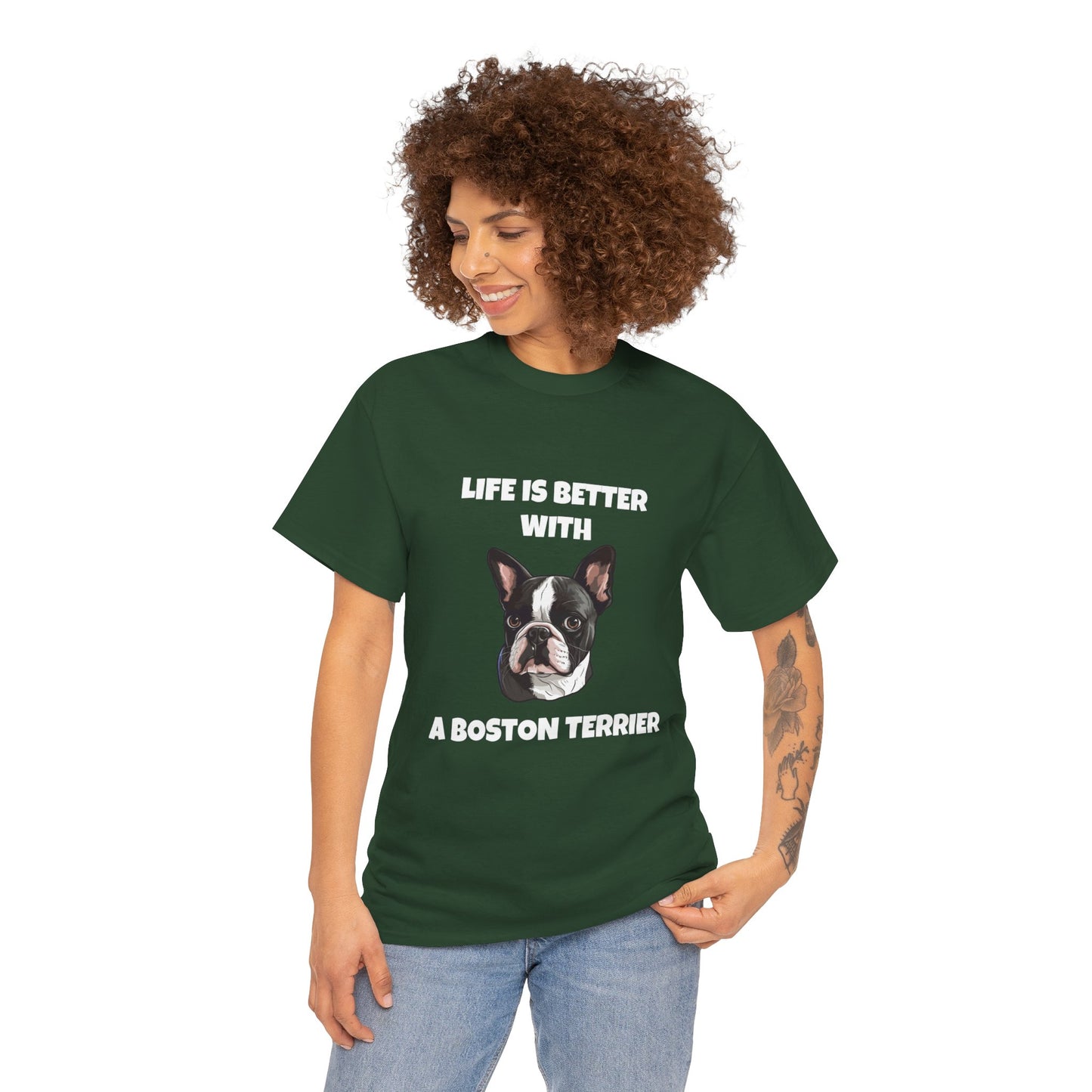 Boston Terrier, Boston Terrier Dog, Life is Better with a Boston Terrier, Dark Unisex Heavy Cotton Tee