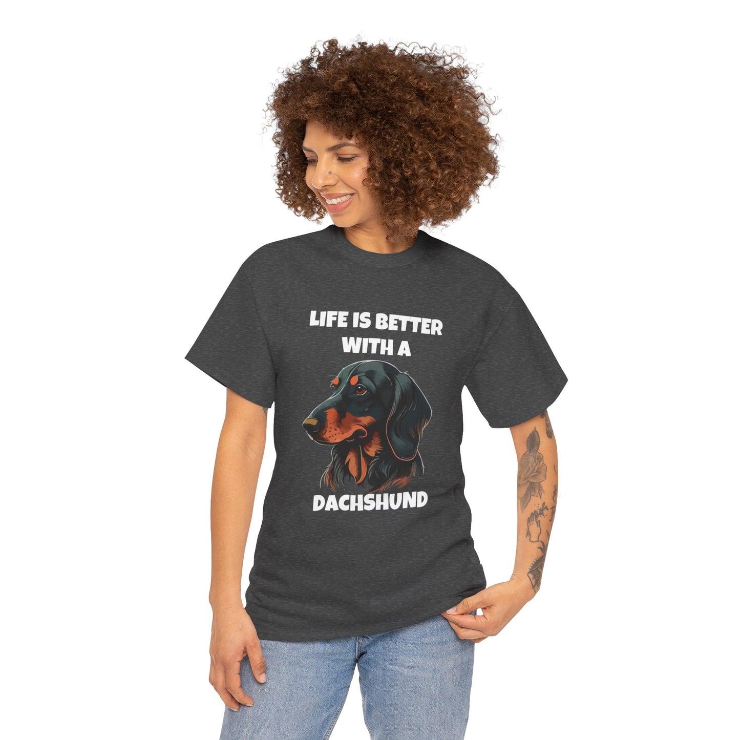 Dachshund Dog, Black Dachshund, Life is Better with a Dachshund, Dark Unisex Heavy Cotton Tee