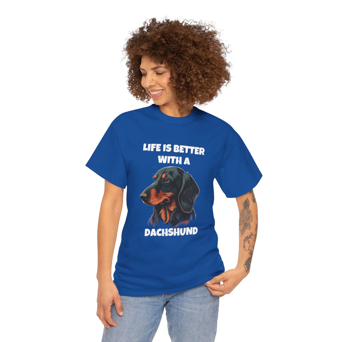 Dachshund Dog, Black Dachshund, Life is Better with a Dachshund, Dark Unisex Heavy Cotton Tee