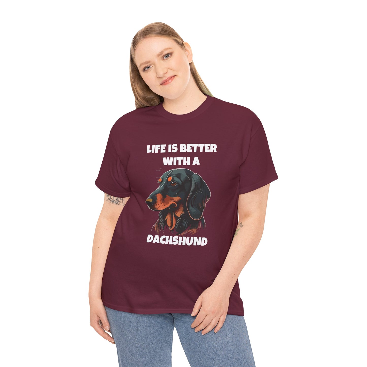Dachshund Dog, Black Dachshund, Life is Better with a Dachshund, Dark Unisex Heavy Cotton Tee