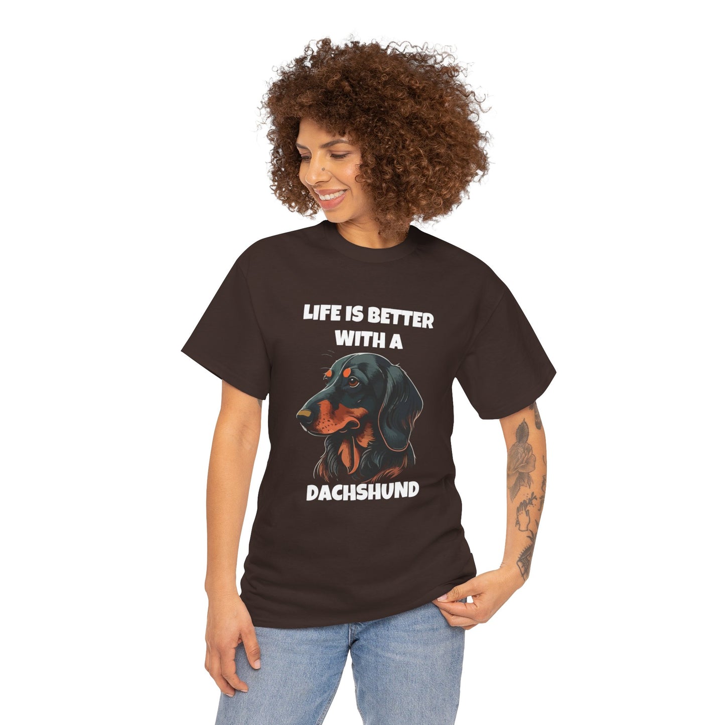 Dachshund Dog, Black Dachshund, Life is Better with a Dachshund, Dark Unisex Heavy Cotton Tee