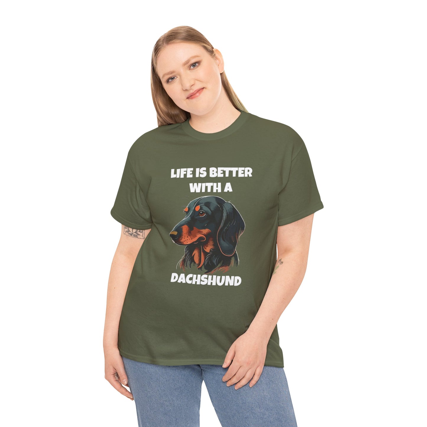 Dachshund Dog, Black Dachshund, Life is Better with a Dachshund, Dark Unisex Heavy Cotton Tee