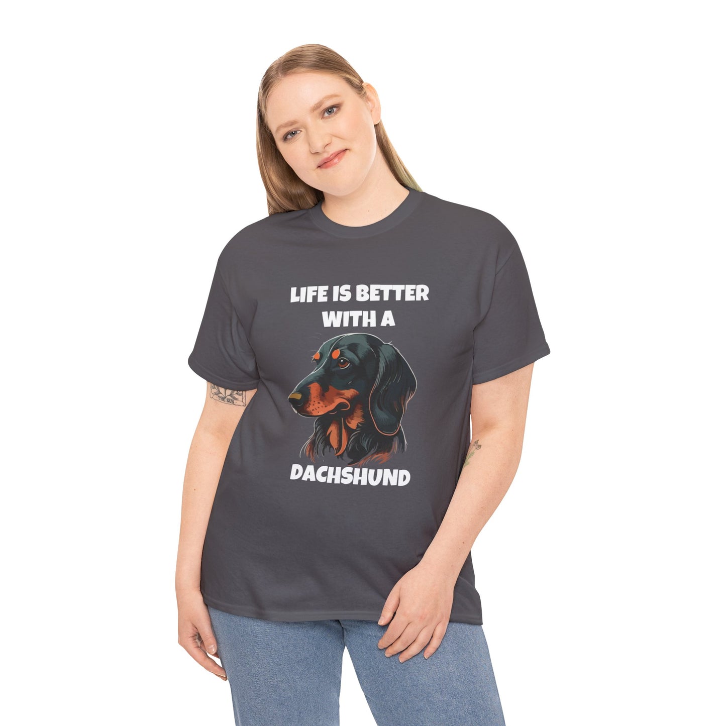 Dachshund Dog, Black Dachshund, Life is Better with a Dachshund, Dark Unisex Heavy Cotton Tee