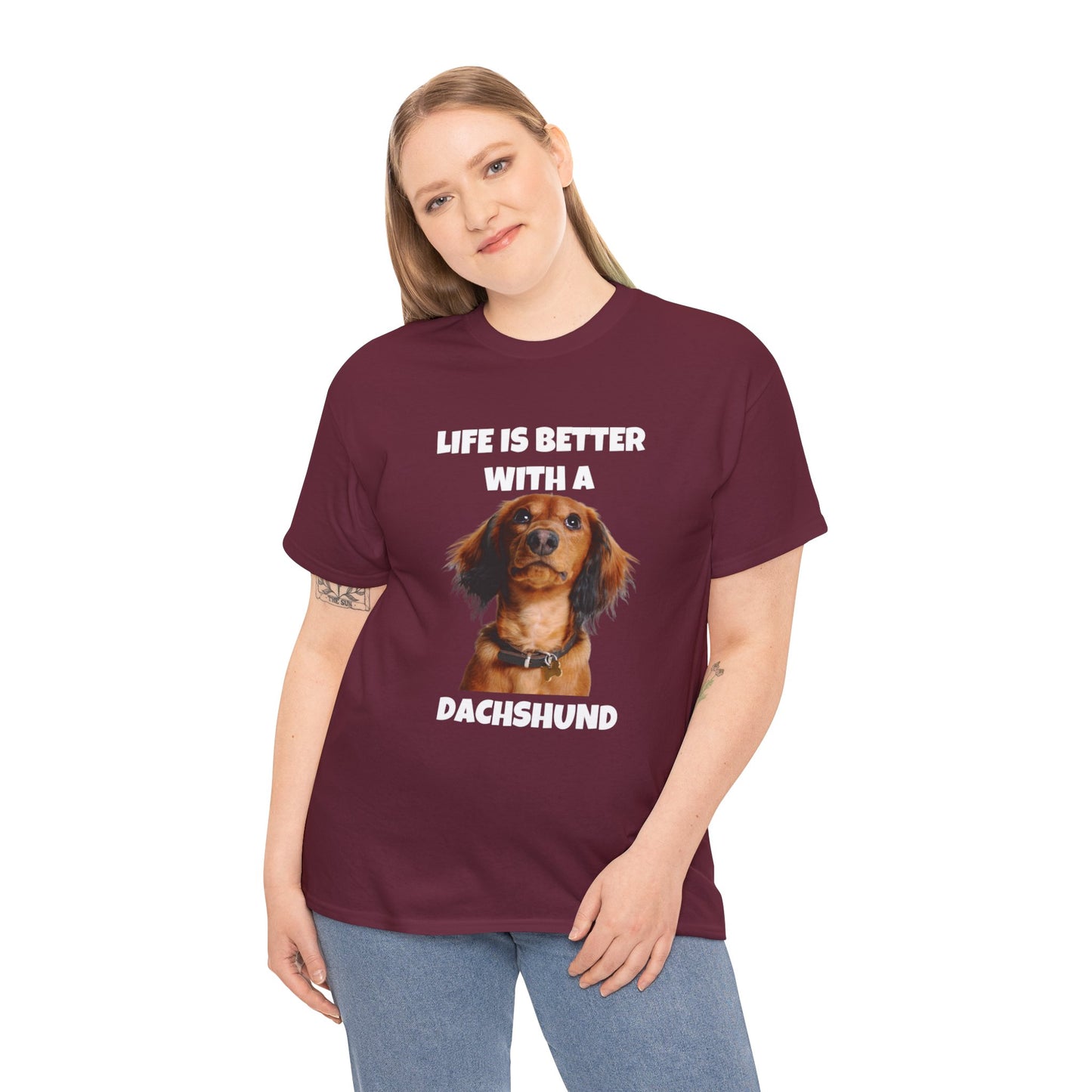 Dachshund Dog, Red Dachshund, Life is Better with a Dachshund, Dark Unisex Heavy Cotton Tee