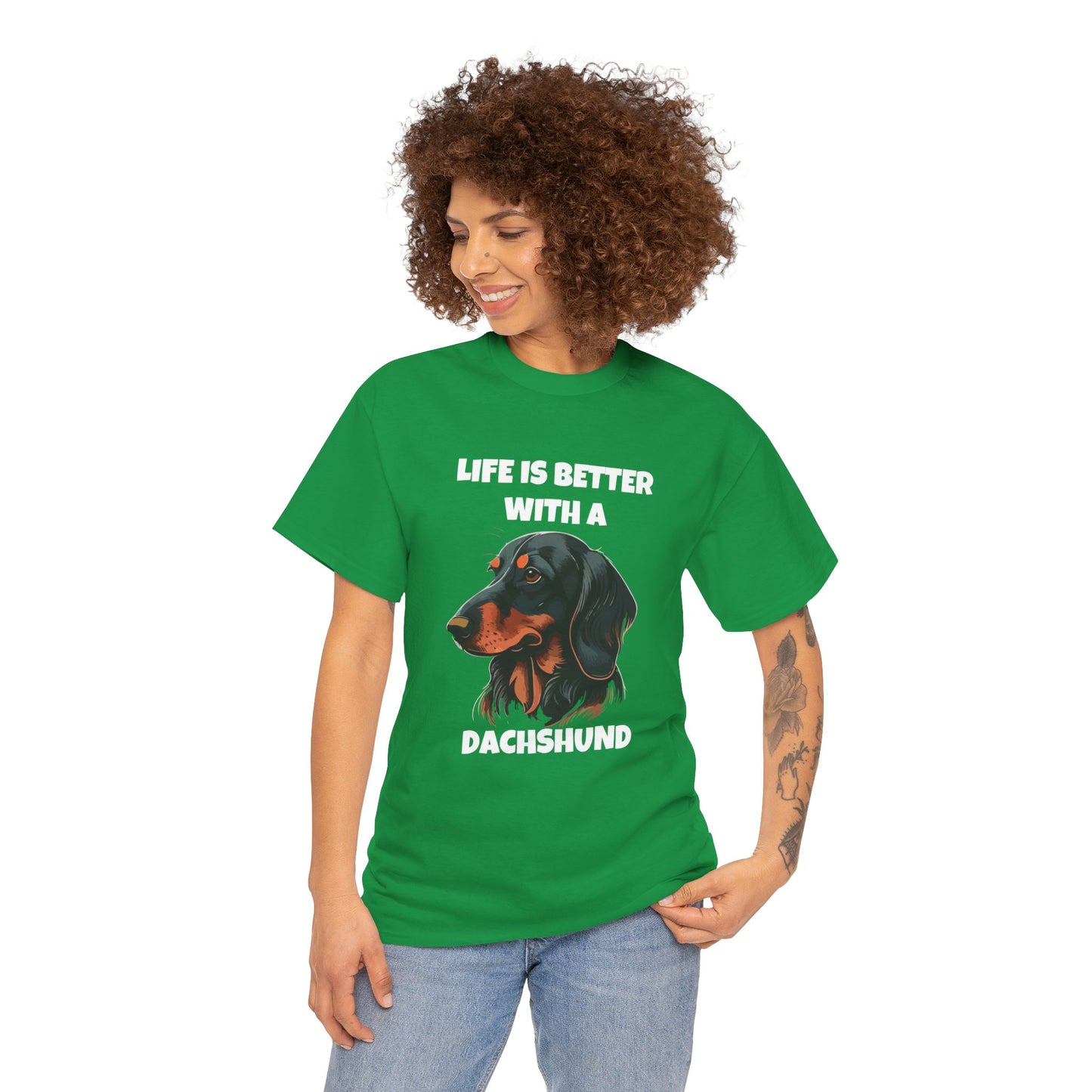 Dachshund Dog, Black Dachshund, Life is Better with a Dachshund, Dark Unisex Heavy Cotton Tee