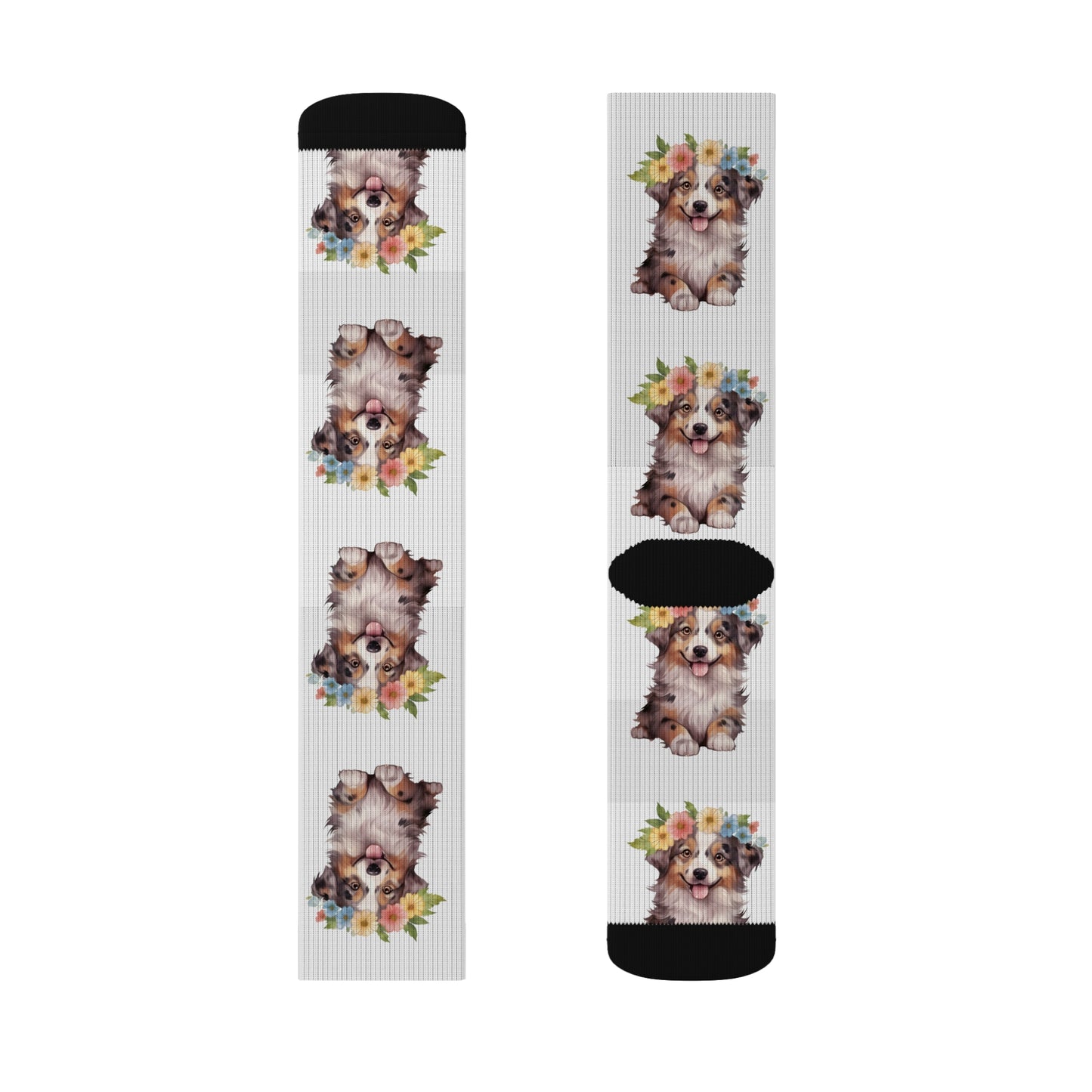 Australian Shepherd, Australian Shepherd Puppy with Flower Crown, Sublimation Socks