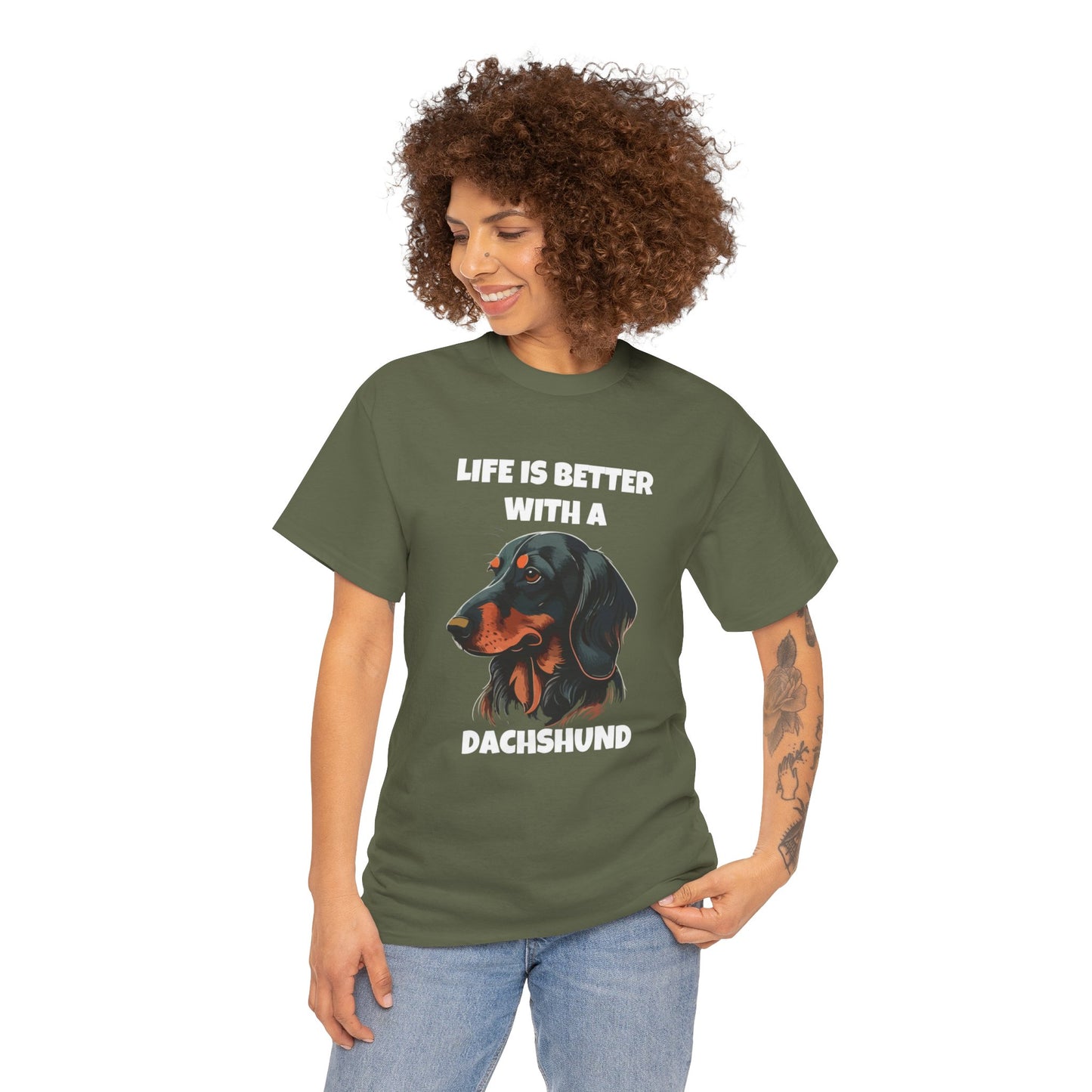 Dachshund Dog, Black Dachshund, Life is Better with a Dachshund, Dark Unisex Heavy Cotton Tee