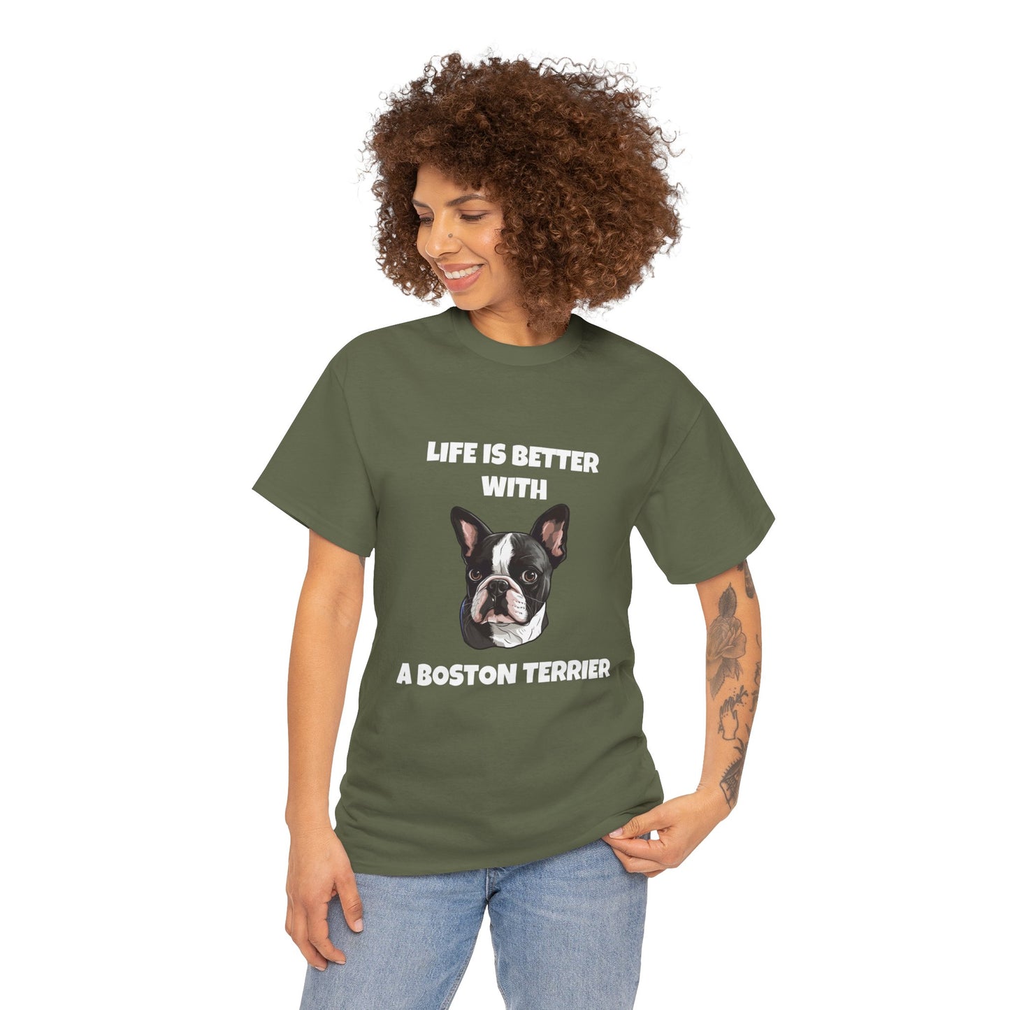 Boston Terrier, Boston Terrier Dog, Life is Better with a Boston Terrier, Dark Unisex Heavy Cotton Tee