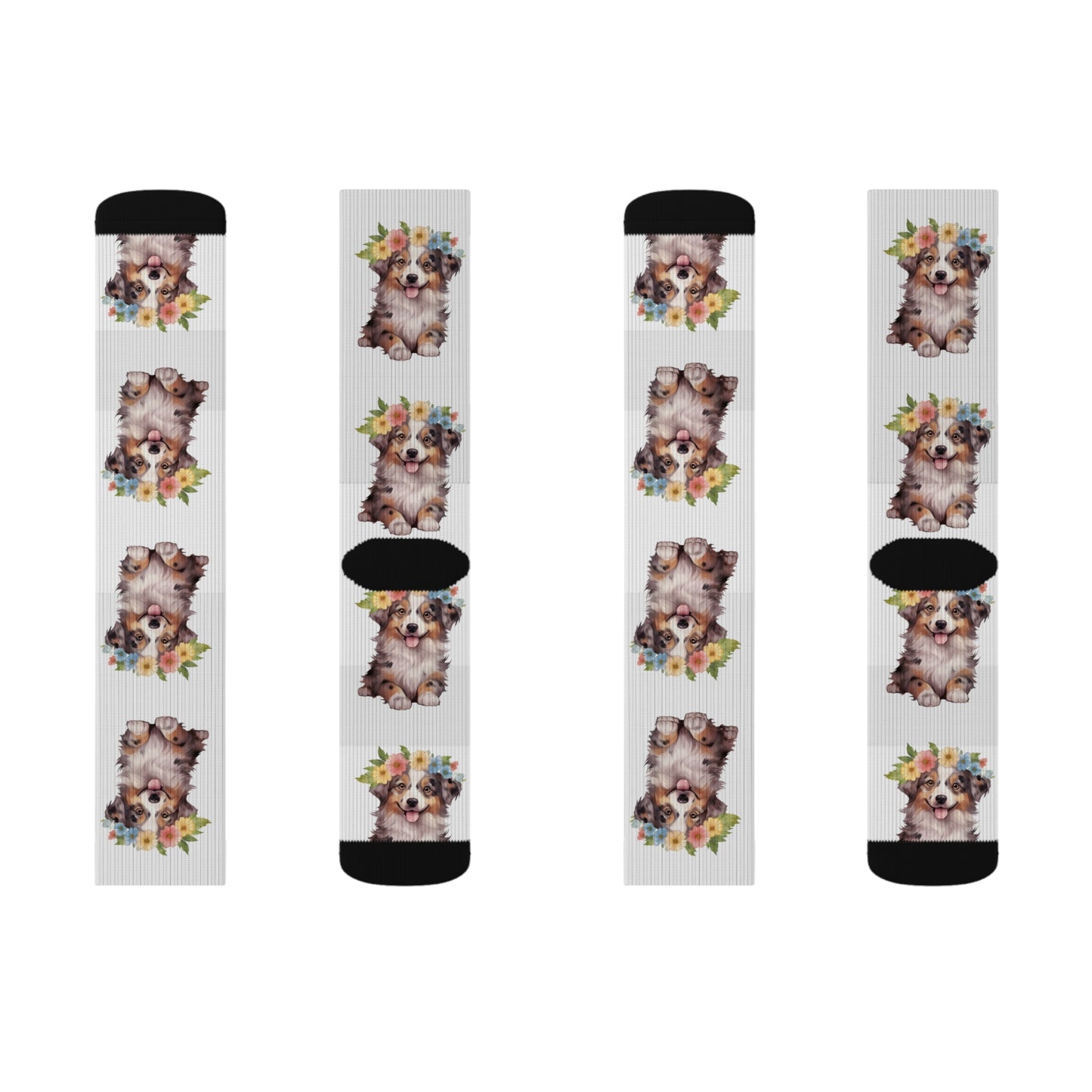 Australian Shepherd, Australian Shepherd Puppy with Flower Crown, Sublimation Socks