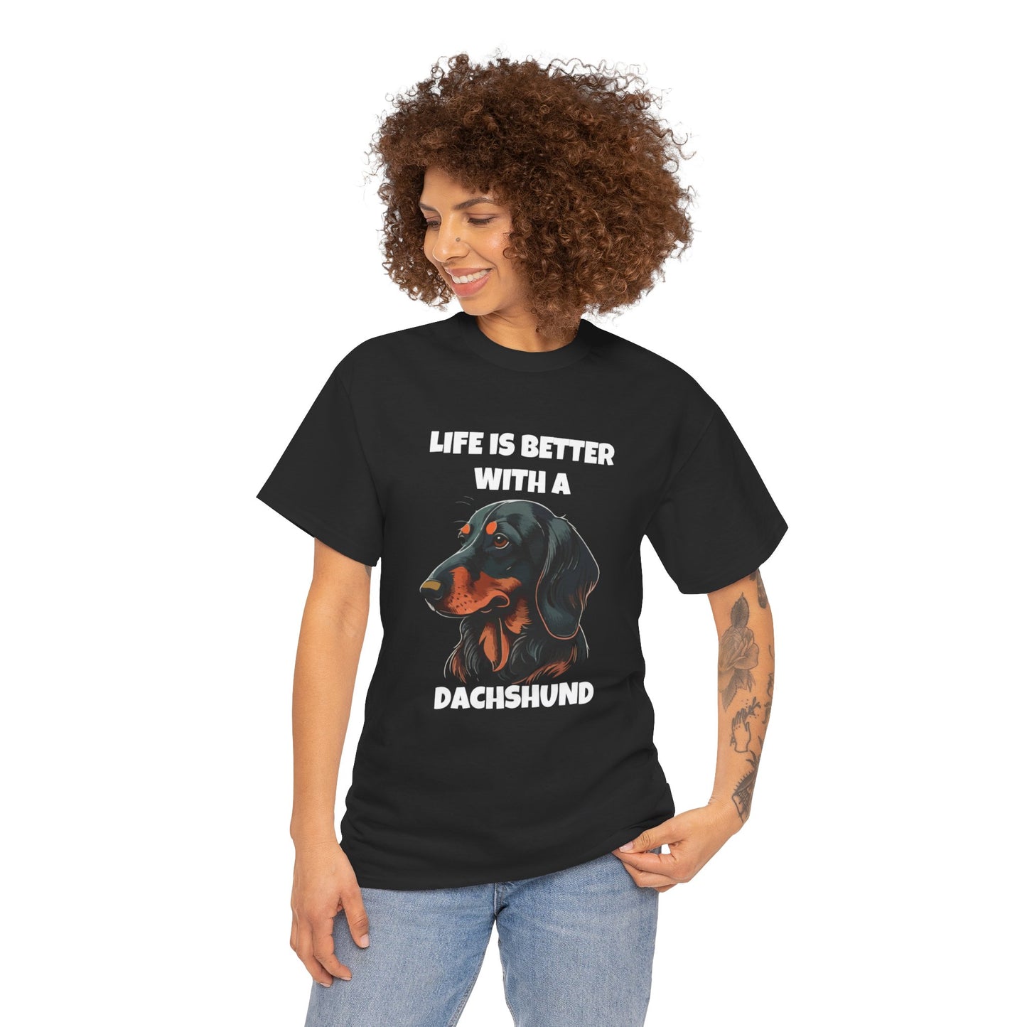 Dachshund Dog, Black Dachshund, Life is Better with a Dachshund, Dark Unisex Heavy Cotton Tee