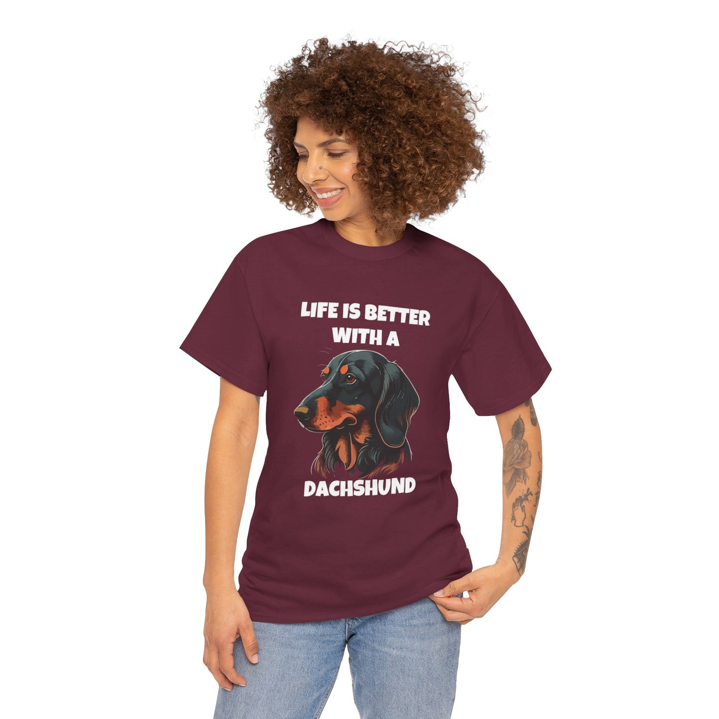 Dachshund Dog, Black Dachshund, Life is Better with a Dachshund, Dark Unisex Heavy Cotton Tee