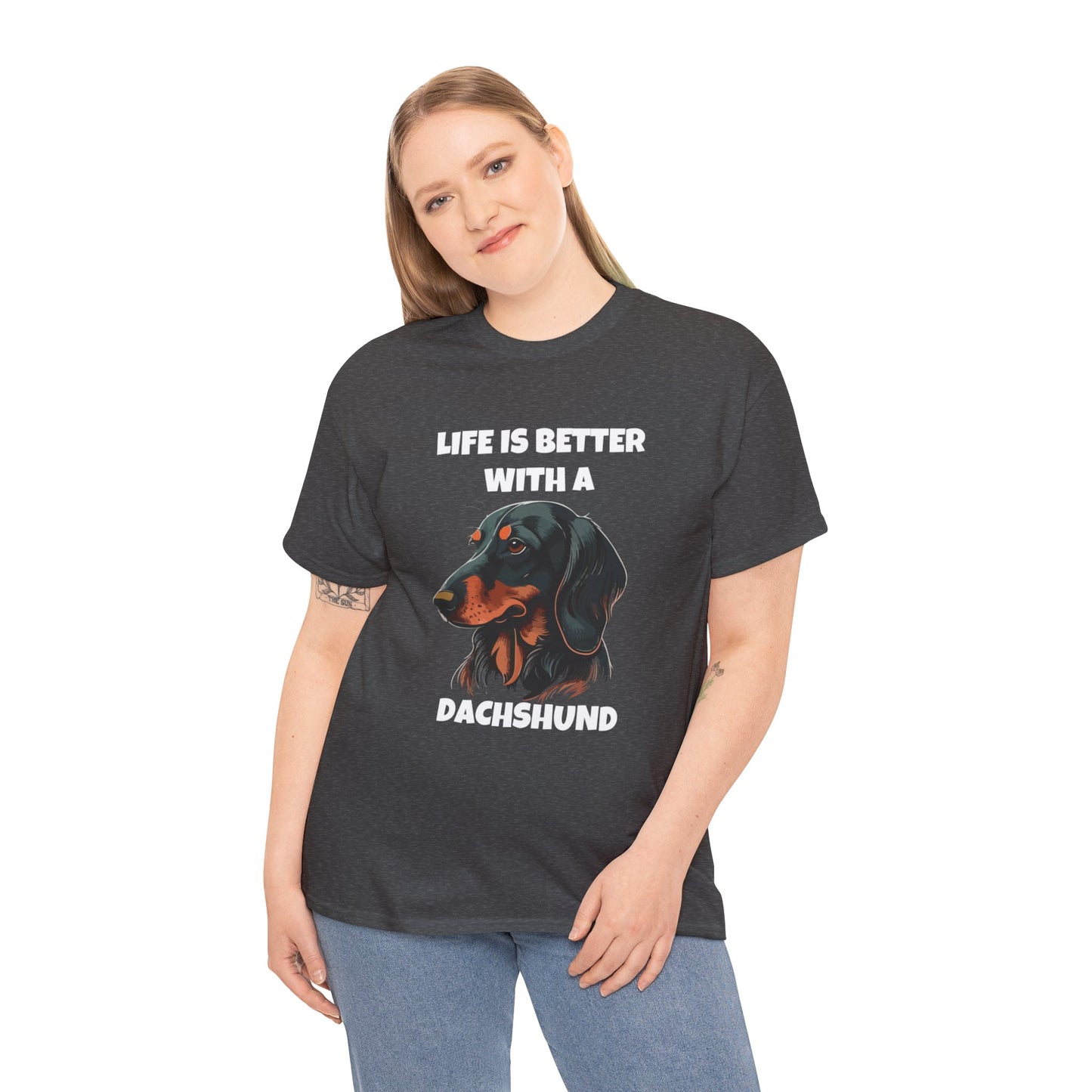 Dachshund Dog, Black Dachshund, Life is Better with a Dachshund, Dark Unisex Heavy Cotton Tee