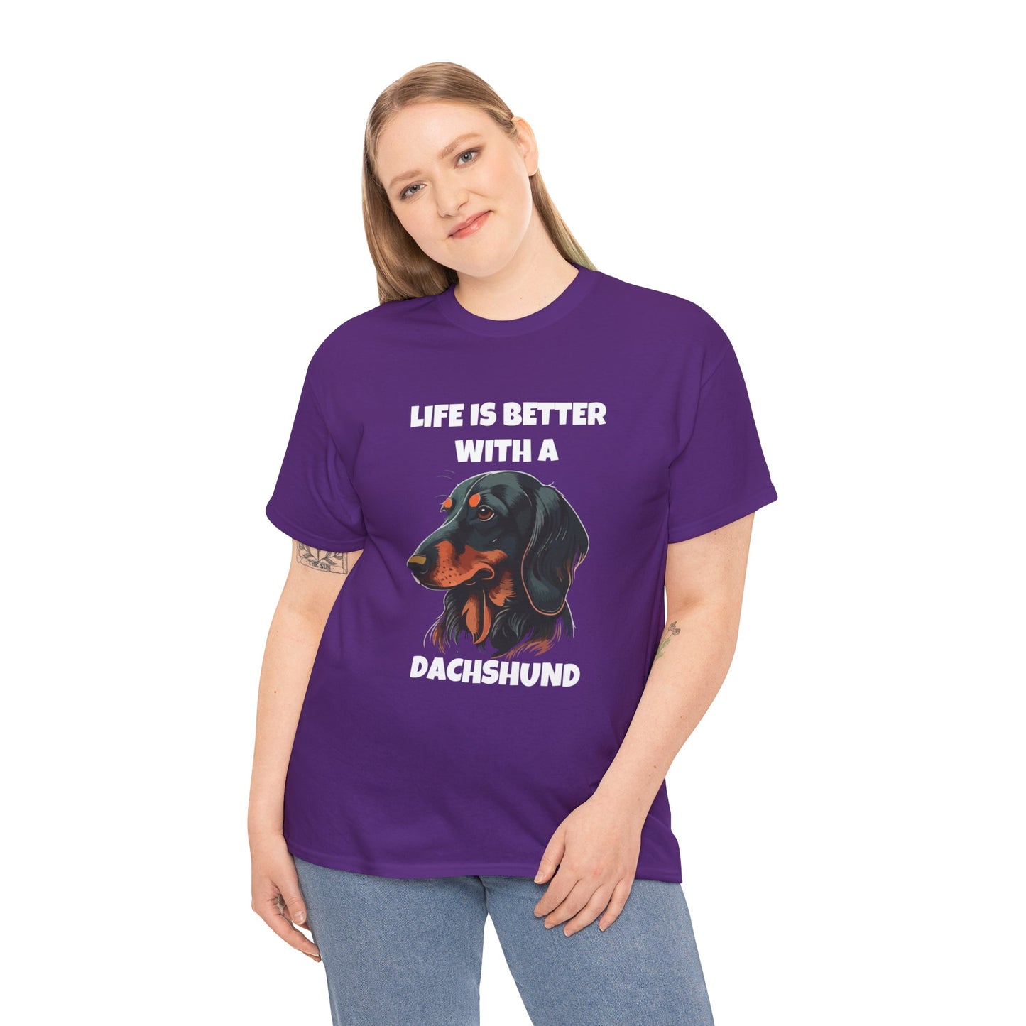 Dachshund Dog, Black Dachshund, Life is Better with a Dachshund, Dark Unisex Heavy Cotton Tee