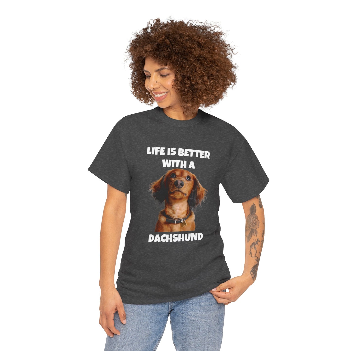 Dachshund Dog, Red Dachshund, Life is Better with a Dachshund, Dark Unisex Heavy Cotton Tee