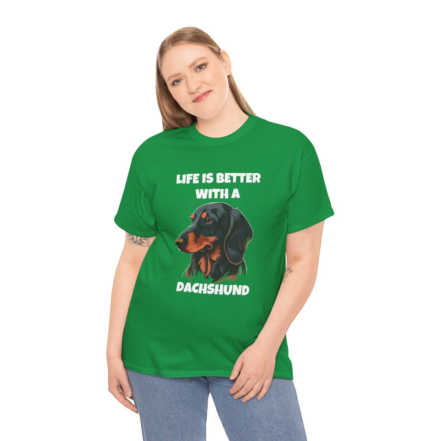 Dachshund Dog, Black Dachshund, Life is Better with a Dachshund, Dark Unisex Heavy Cotton Tee