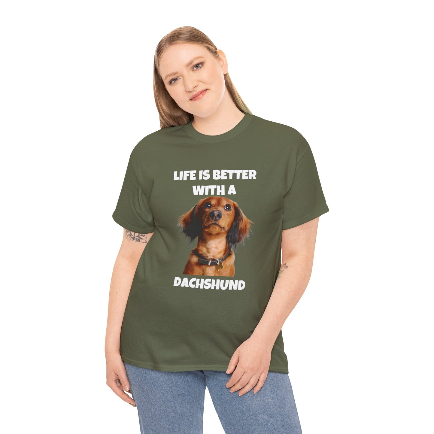 Dachshund Dog, Red Dachshund, Life is Better with a Dachshund, Dark Unisex Heavy Cotton Tee