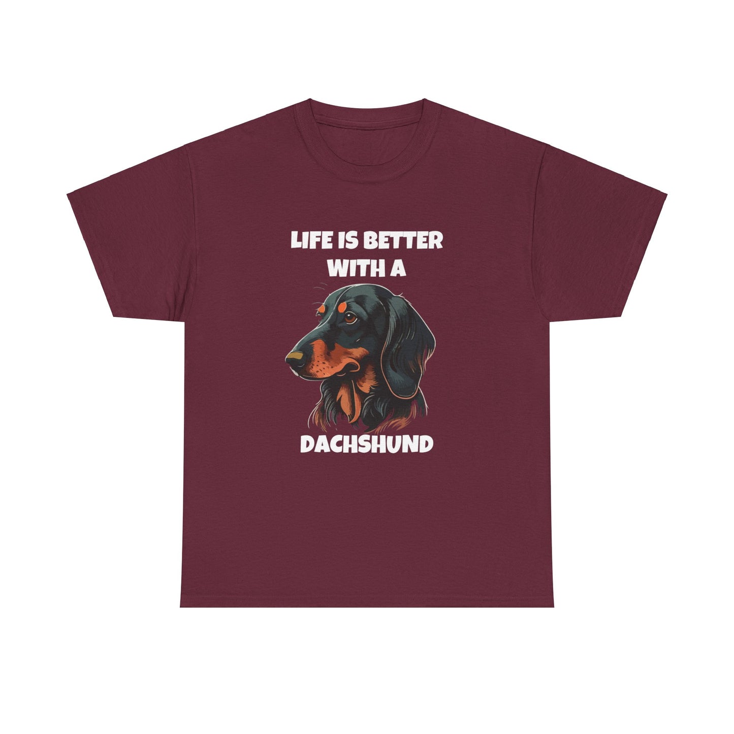 Dachshund Dog, Black Dachshund, Life is Better with a Dachshund, Dark Unisex Heavy Cotton Tee
