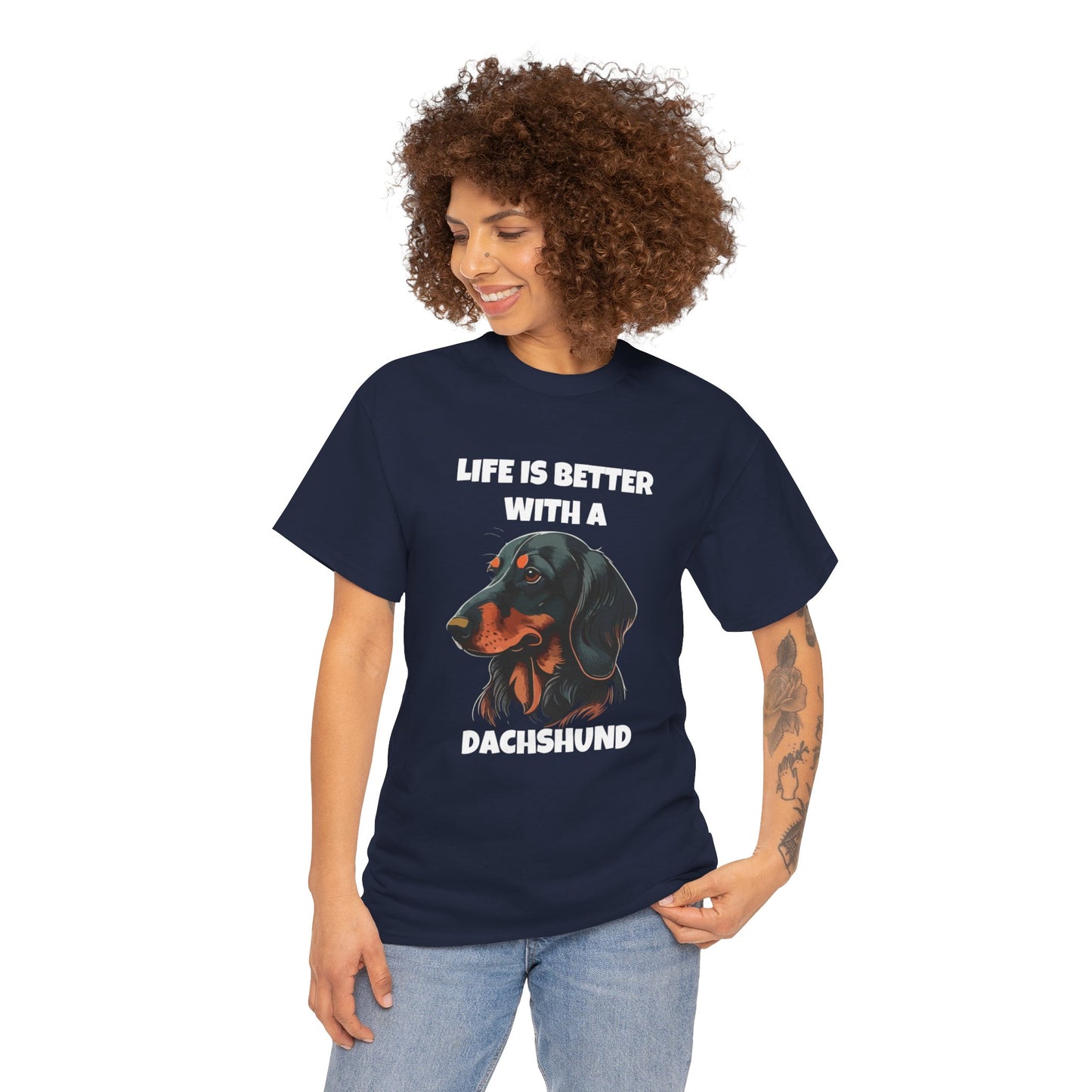 Dachshund Dog, Black Dachshund, Life is Better with a Dachshund, Dark Unisex Heavy Cotton Tee