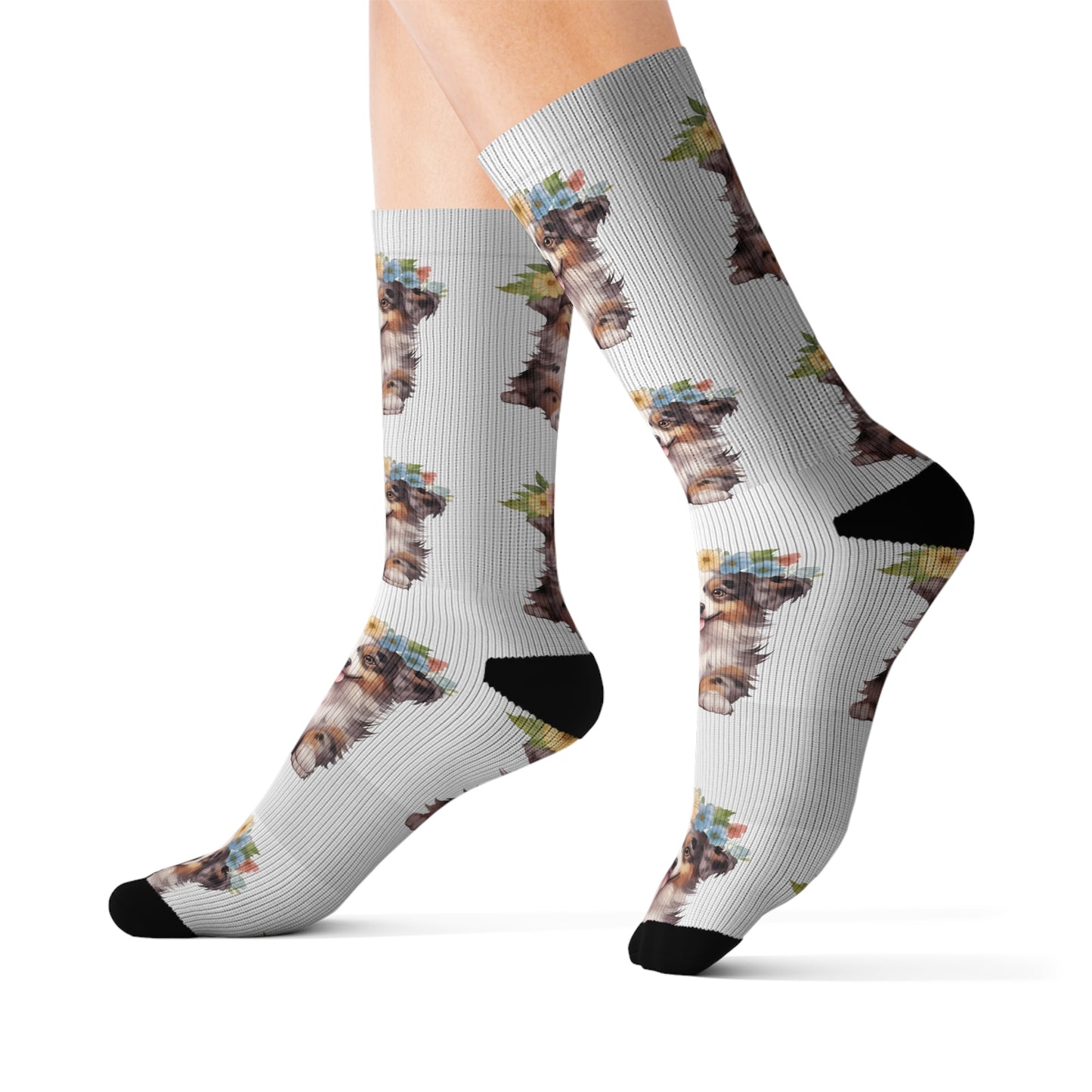 Australian Shepherd, Australian Shepherd Puppy with Flower Crown, Sublimation Socks