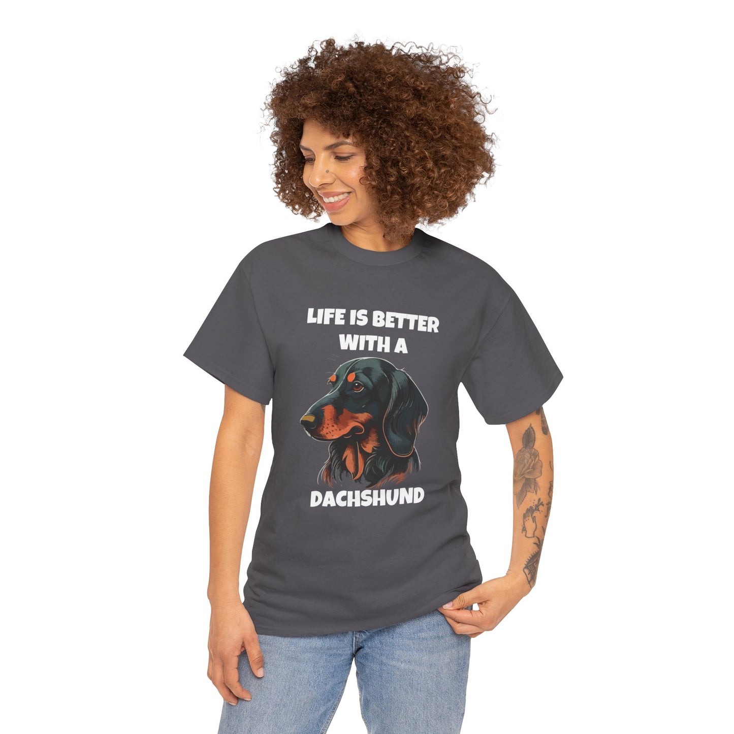 Dachshund Dog, Black Dachshund, Life is Better with a Dachshund, Dark Unisex Heavy Cotton Tee