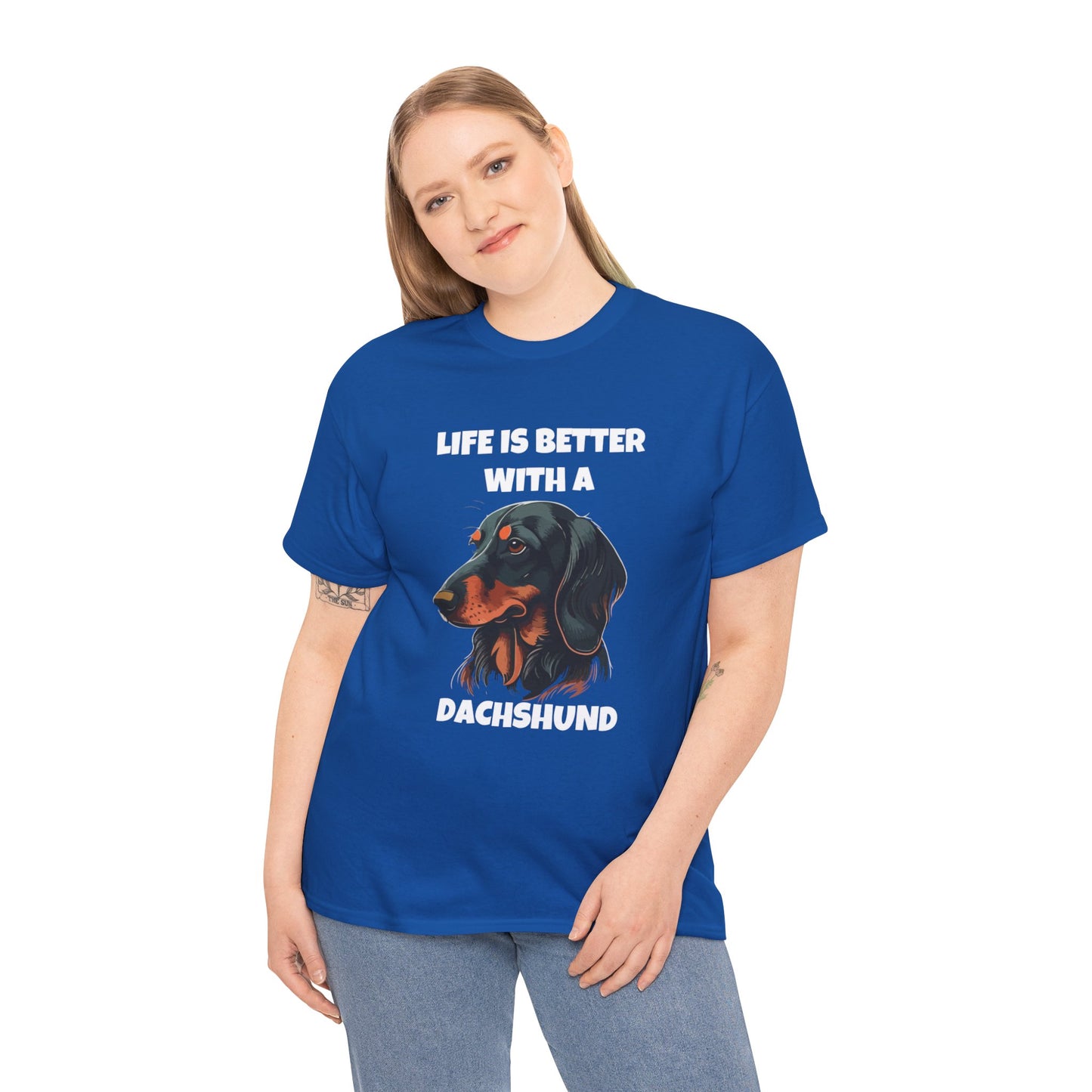 Dachshund Dog, Black Dachshund, Life is Better with a Dachshund, Dark Unisex Heavy Cotton Tee