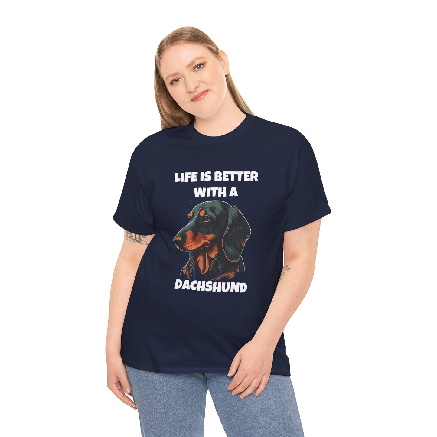 Dachshund Dog, Black Dachshund, Life is Better with a Dachshund, Dark Unisex Heavy Cotton Tee